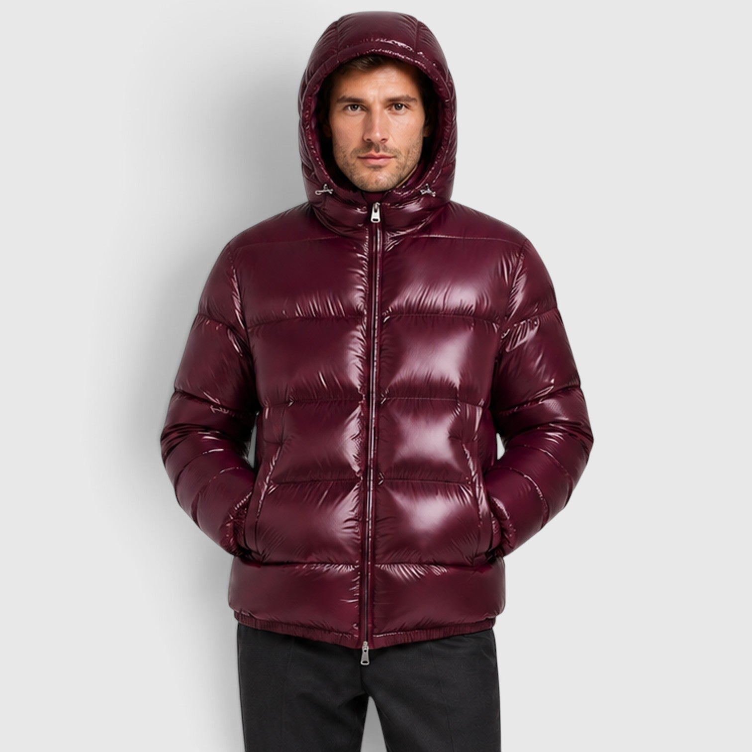 Alternate product view 11 of men's Hooded Puffer Jacket with quilted winter outerwear.