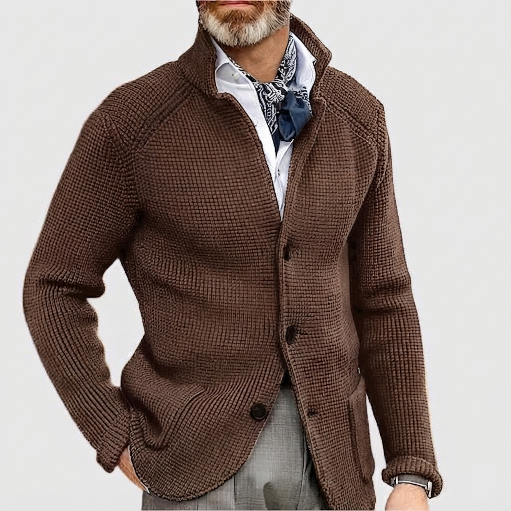 Men's Knit Cardigan with Stand Collar Button Front, view 9 of 18