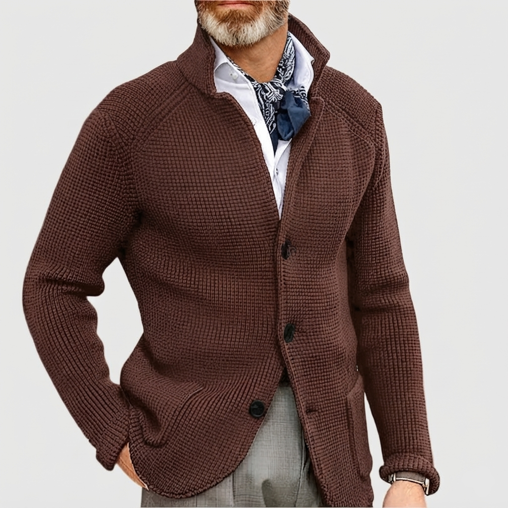 Men's Knit Cardigan with Stand Collar Button Front, view 17 of 18