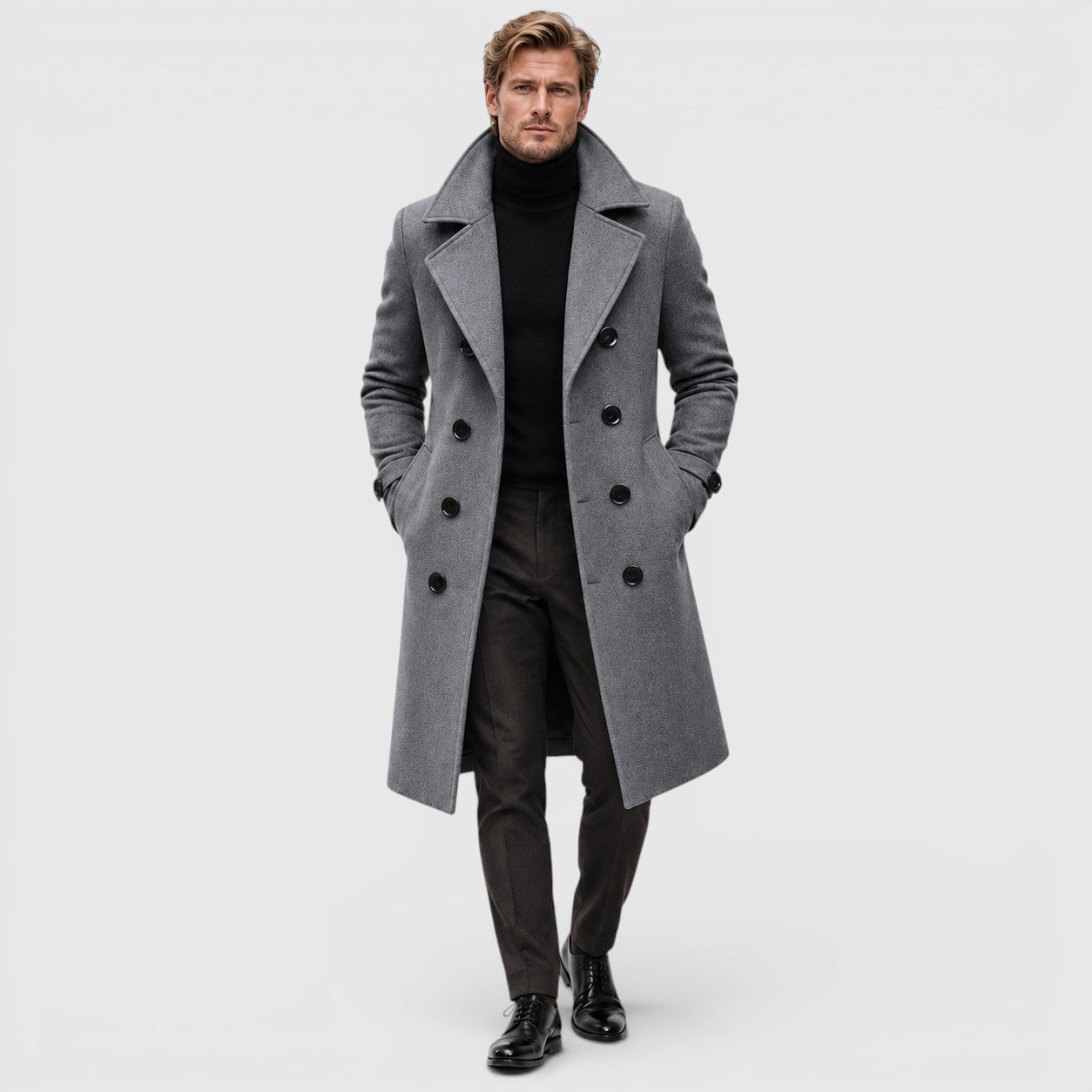 Men's Overcoat with double-breasted tailored design.