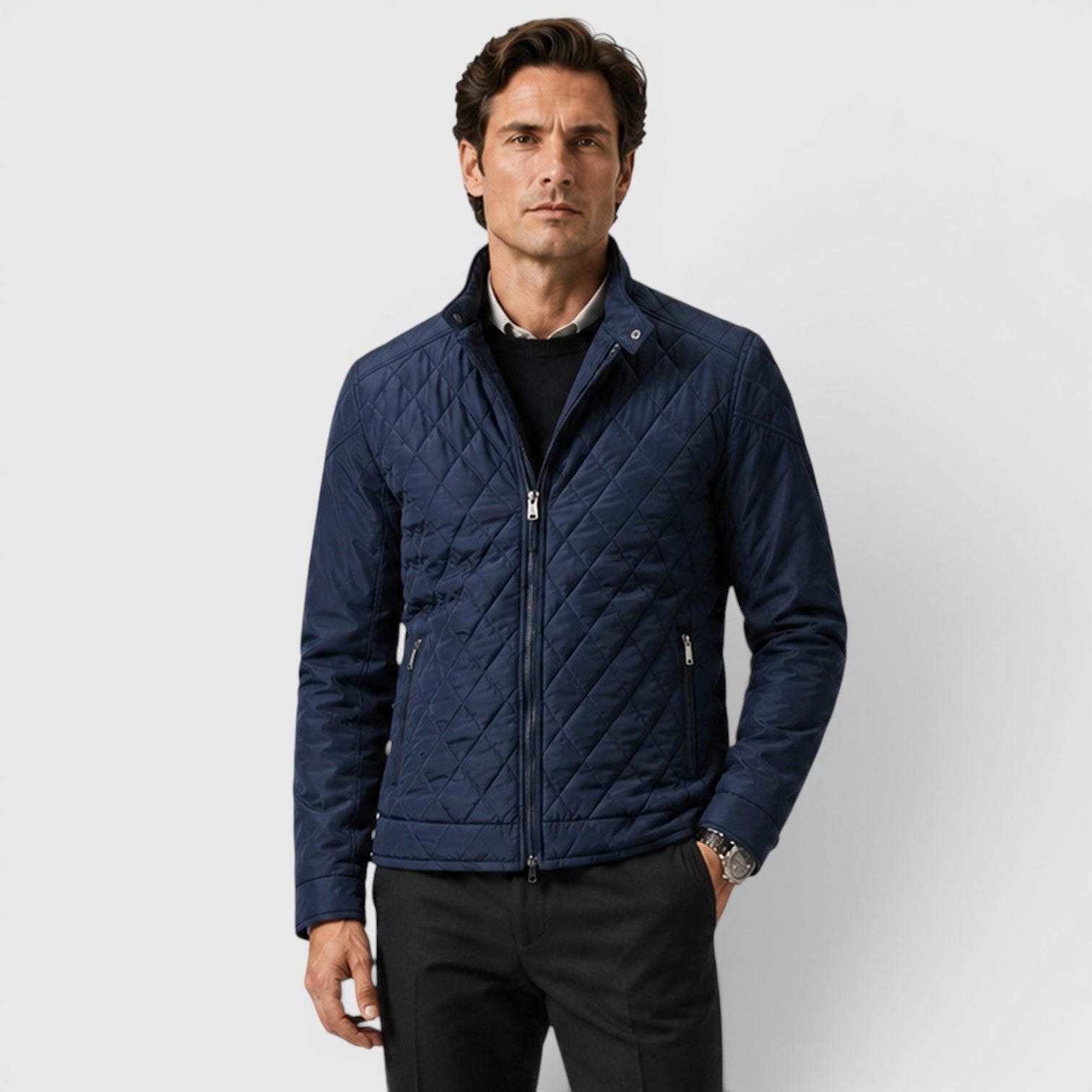 Men's Quilted Jacket with diamond quilted zip front.