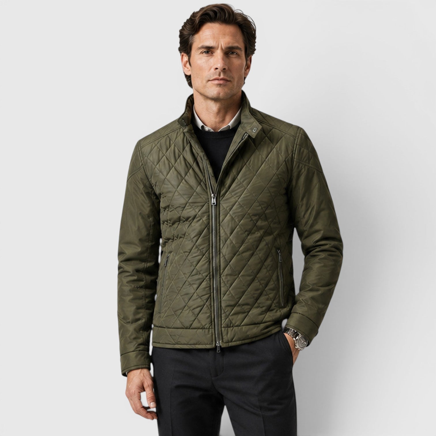 Alternate product view 8 of men's Quilted Jacket with diamond quilted zip front.