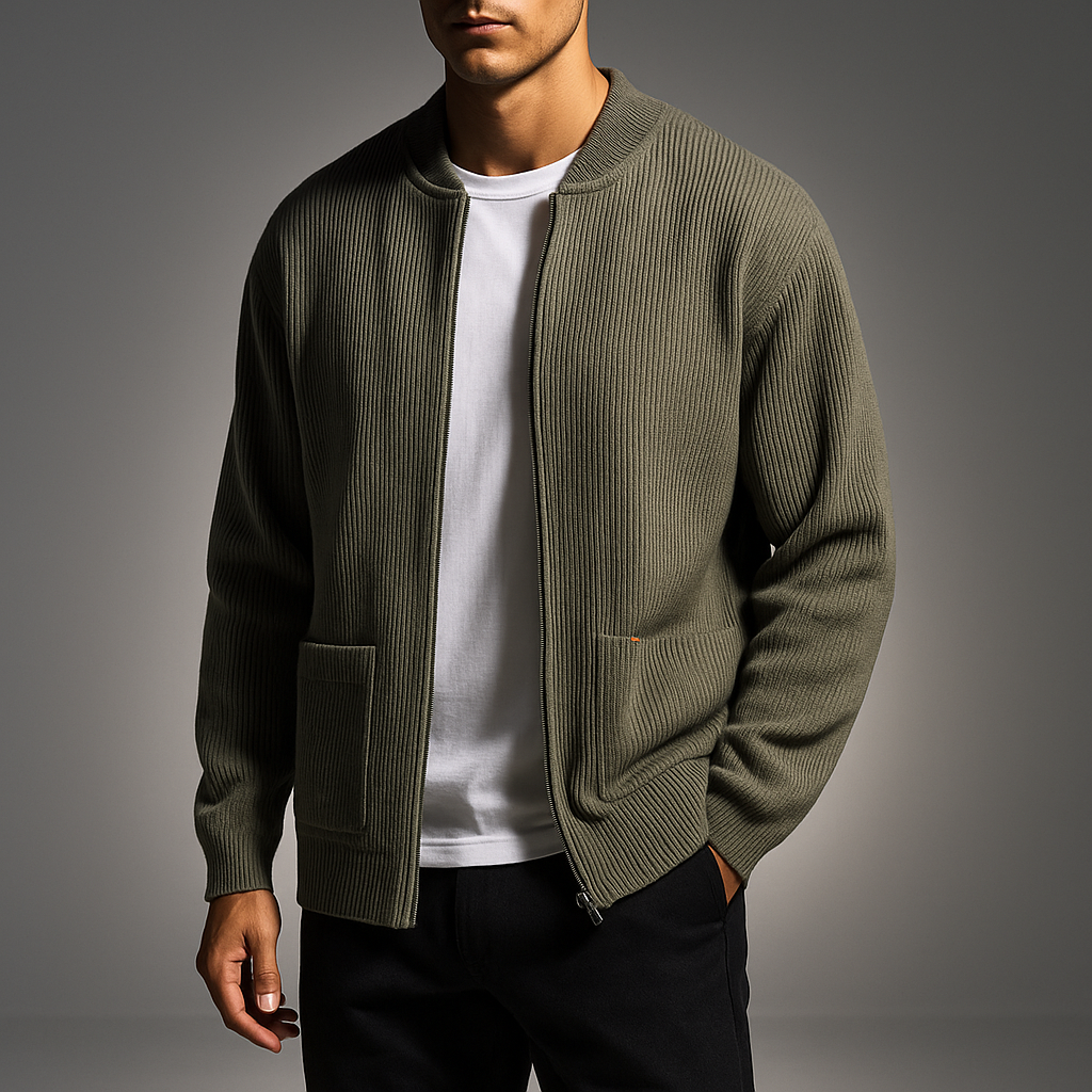 Men's Ribbed Tailored Cardigan with Button Front, view 1 of 8