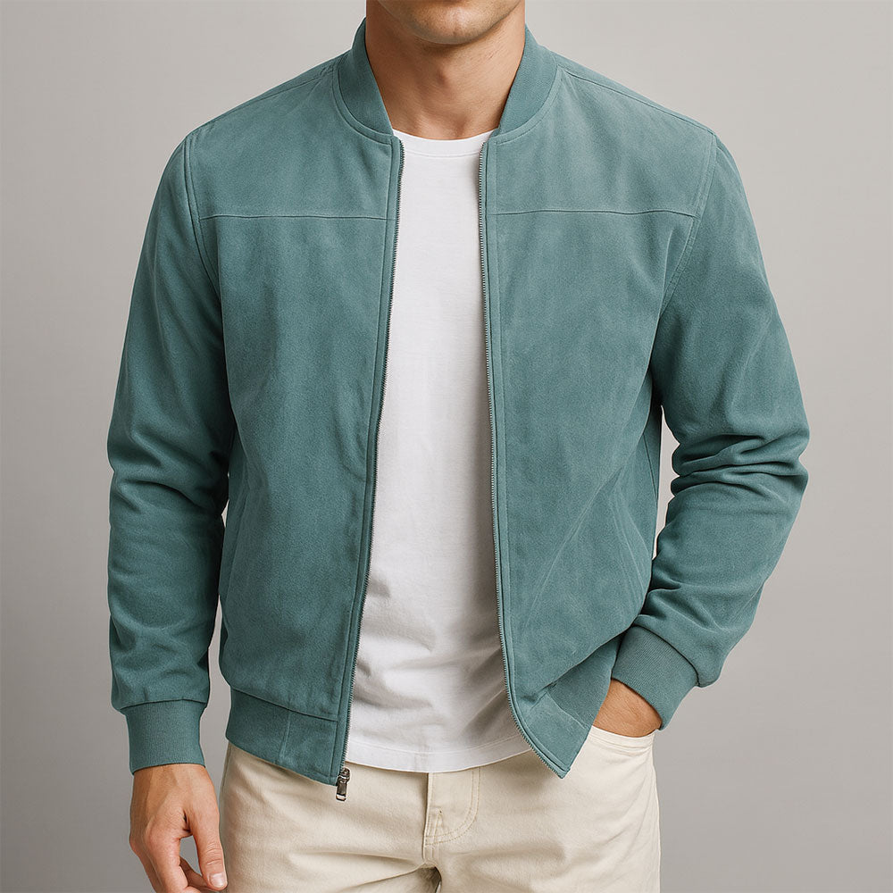 Men's Suede Bomber Jacket with Zip Front Rib Trim, view 1 of 6