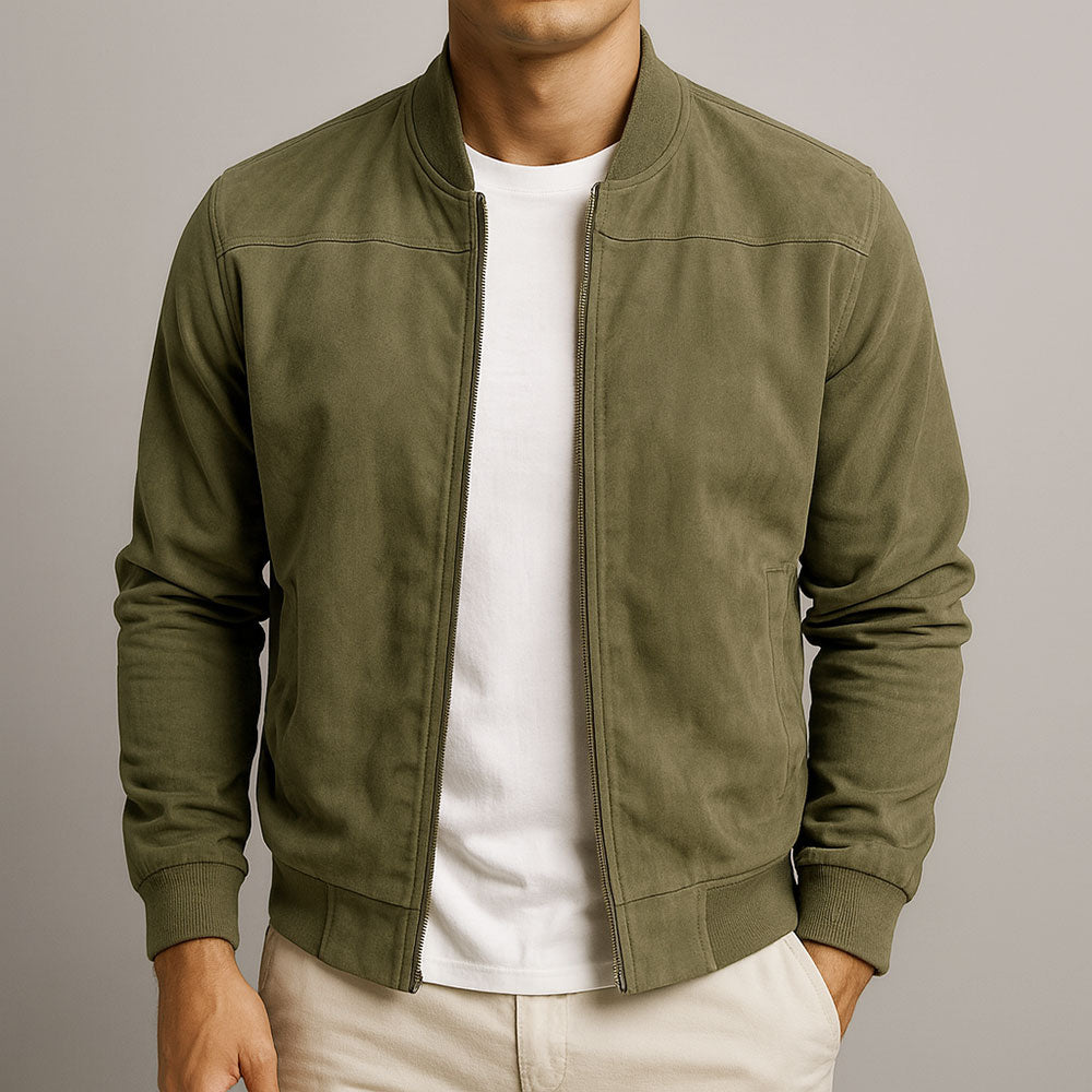 Men's Suede Bomber Jacket with Zip Front Rib Trim, view 2 of 6