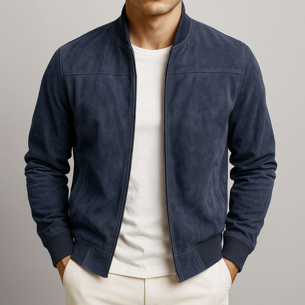 Men's Suede Bomber Jacket with Zip Front Rib Trim, view 3 of 6
