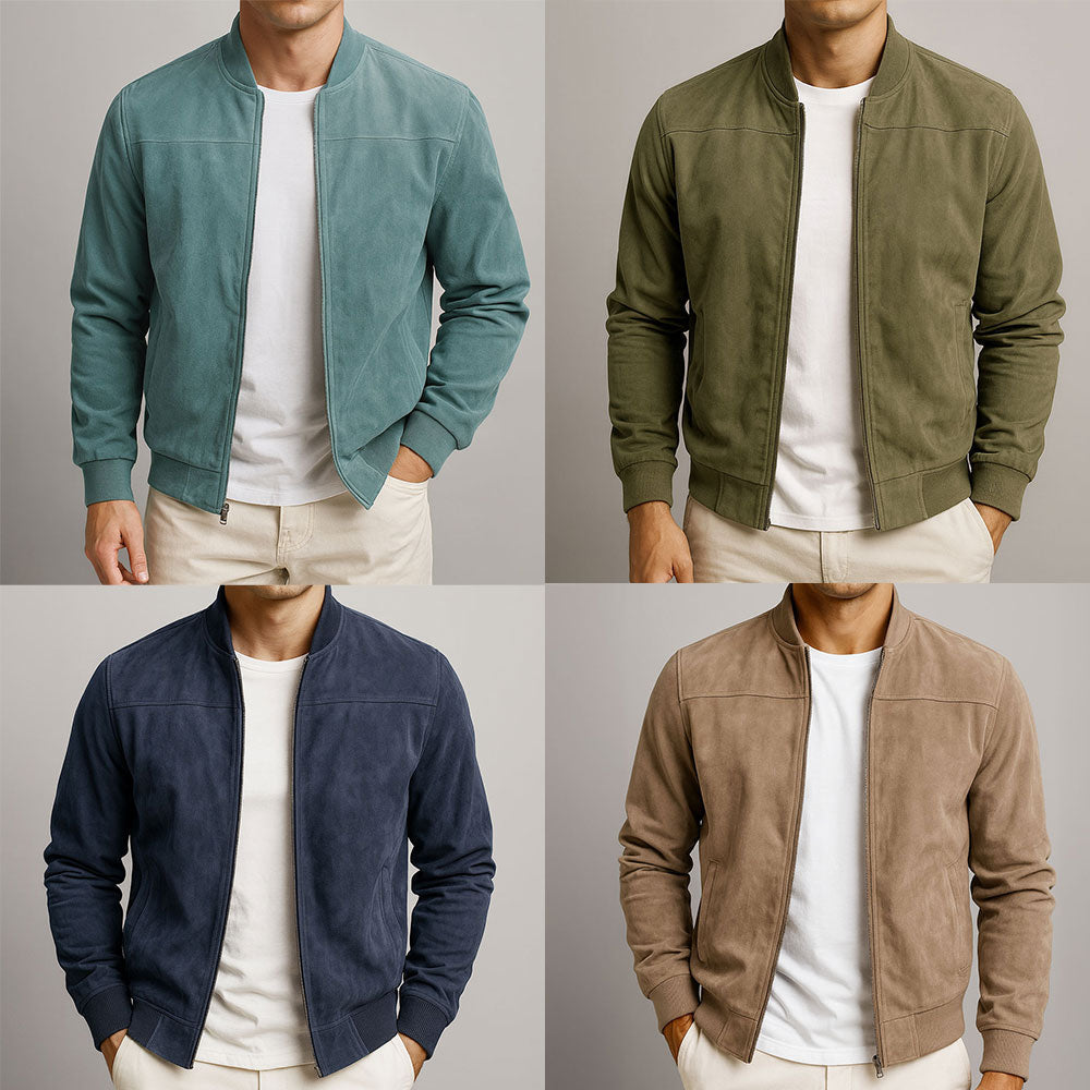 Men's Suede Bomber Jacket with Zip Front Rib Trim, view 5 of 6
