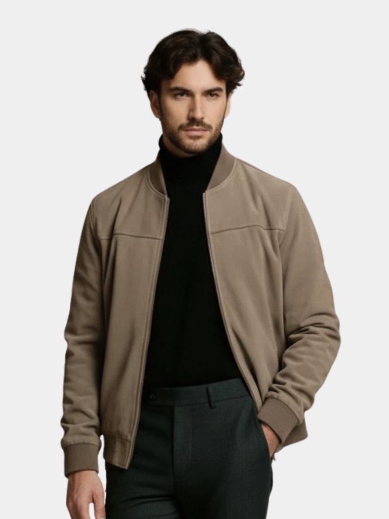Men's Suede Look Bomber Jacket with Zip Front, view 2 of 9