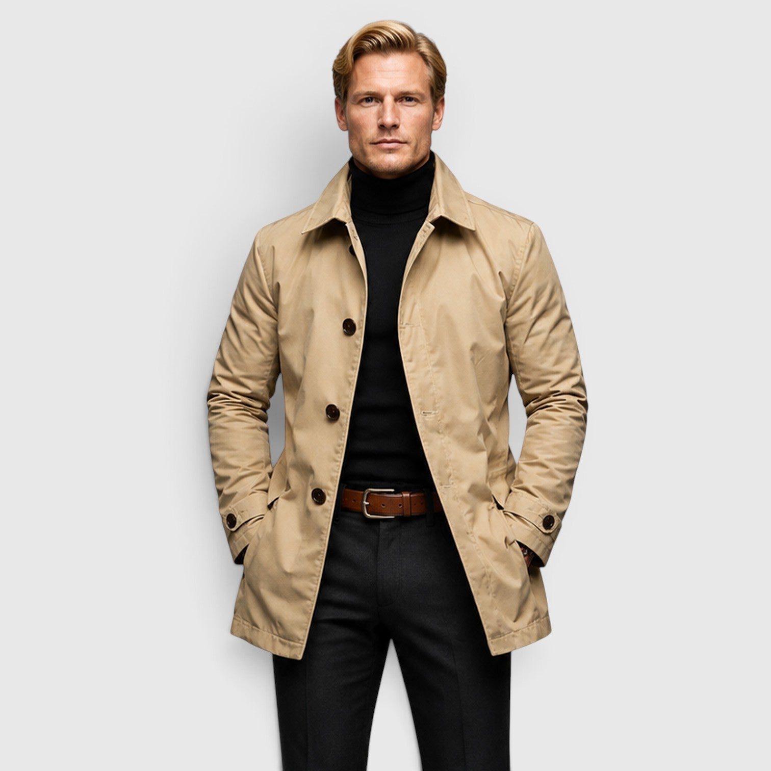 Men's Trench Coat with button front everyday design.