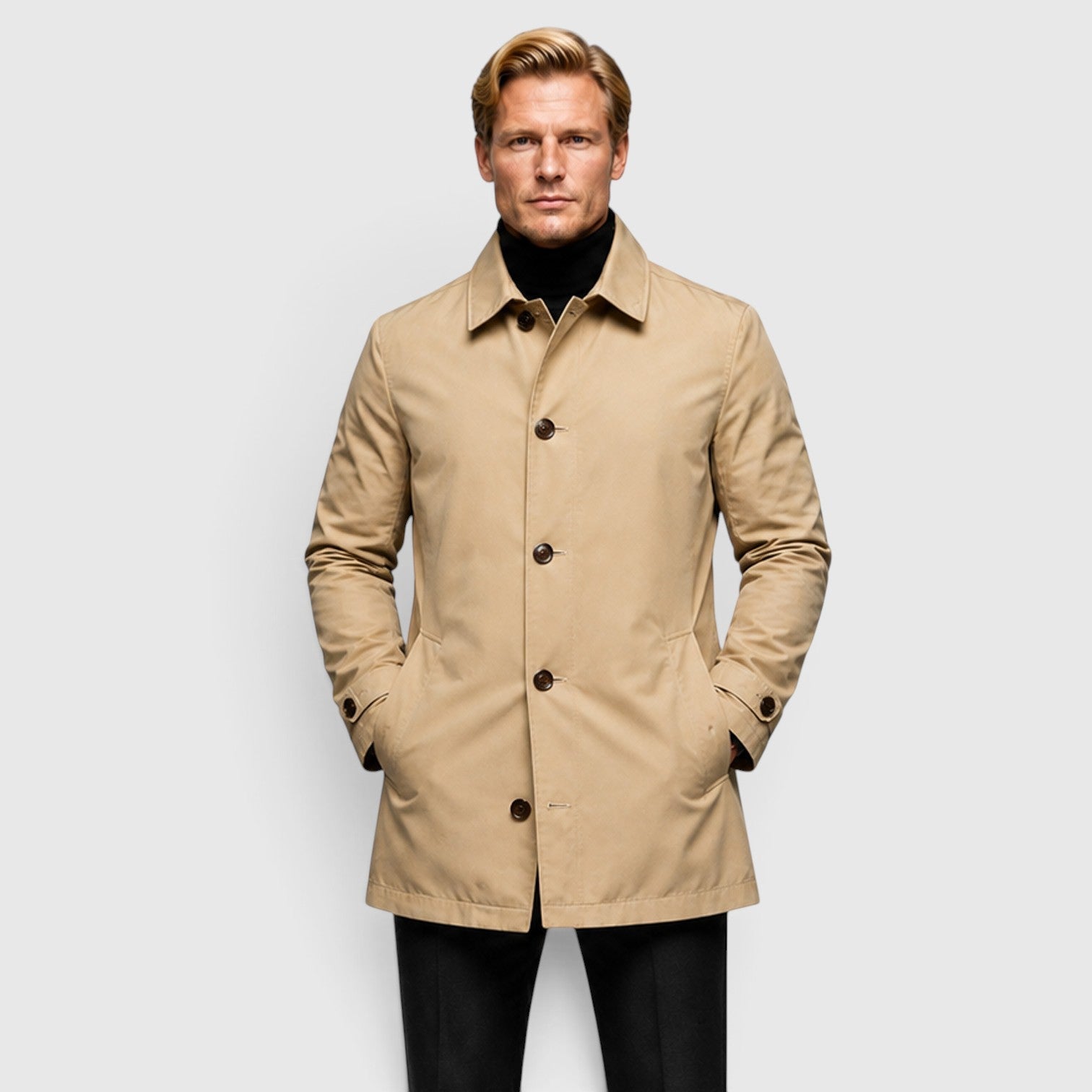 Alternate product view 4 of men's Trench Coat with button front everyday design.