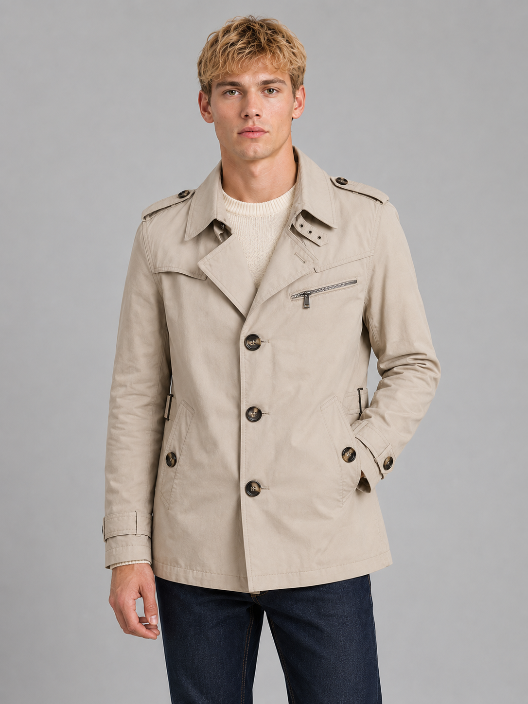 Men's Trench Coat with double breasted belted design.