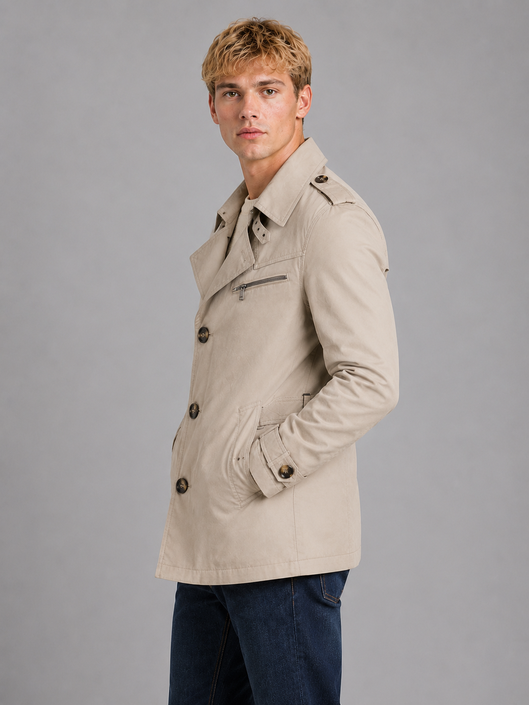 Alternate product view 3 of men's Trench Coat with double breasted belted design.