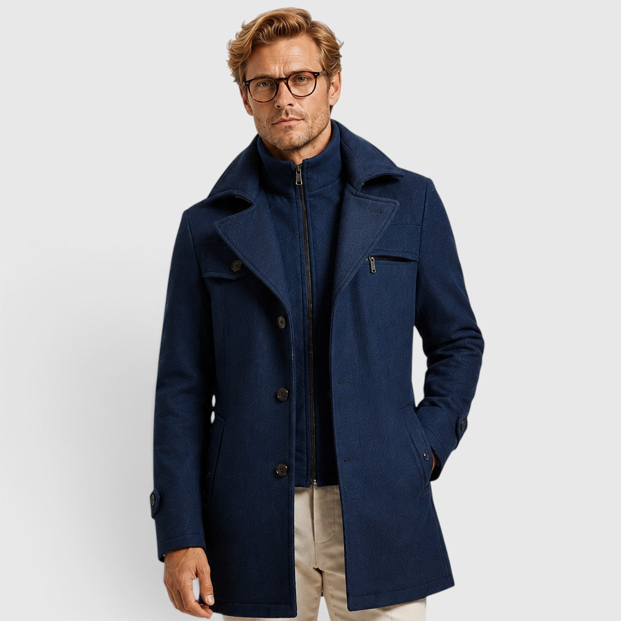 Men's Wool Coat with stand collar button front.
