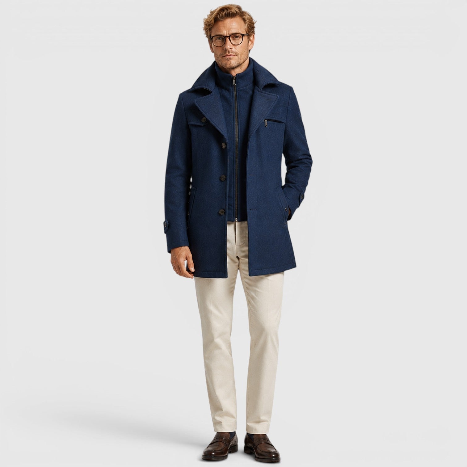 Alternate product view 3 of men's Wool Coat with stand collar button front.