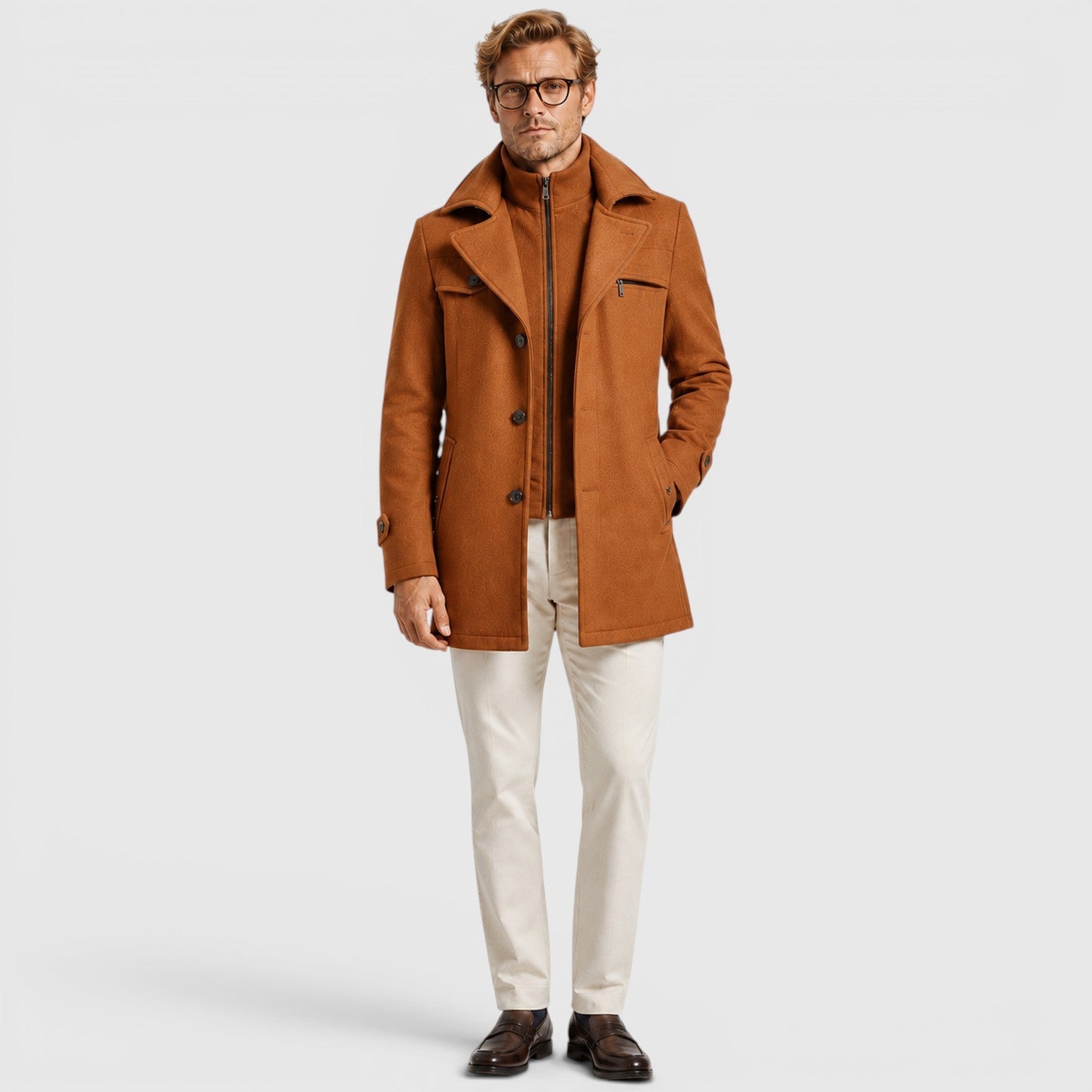 Alternate product view 5 of men's Wool Coat with stand collar button front.