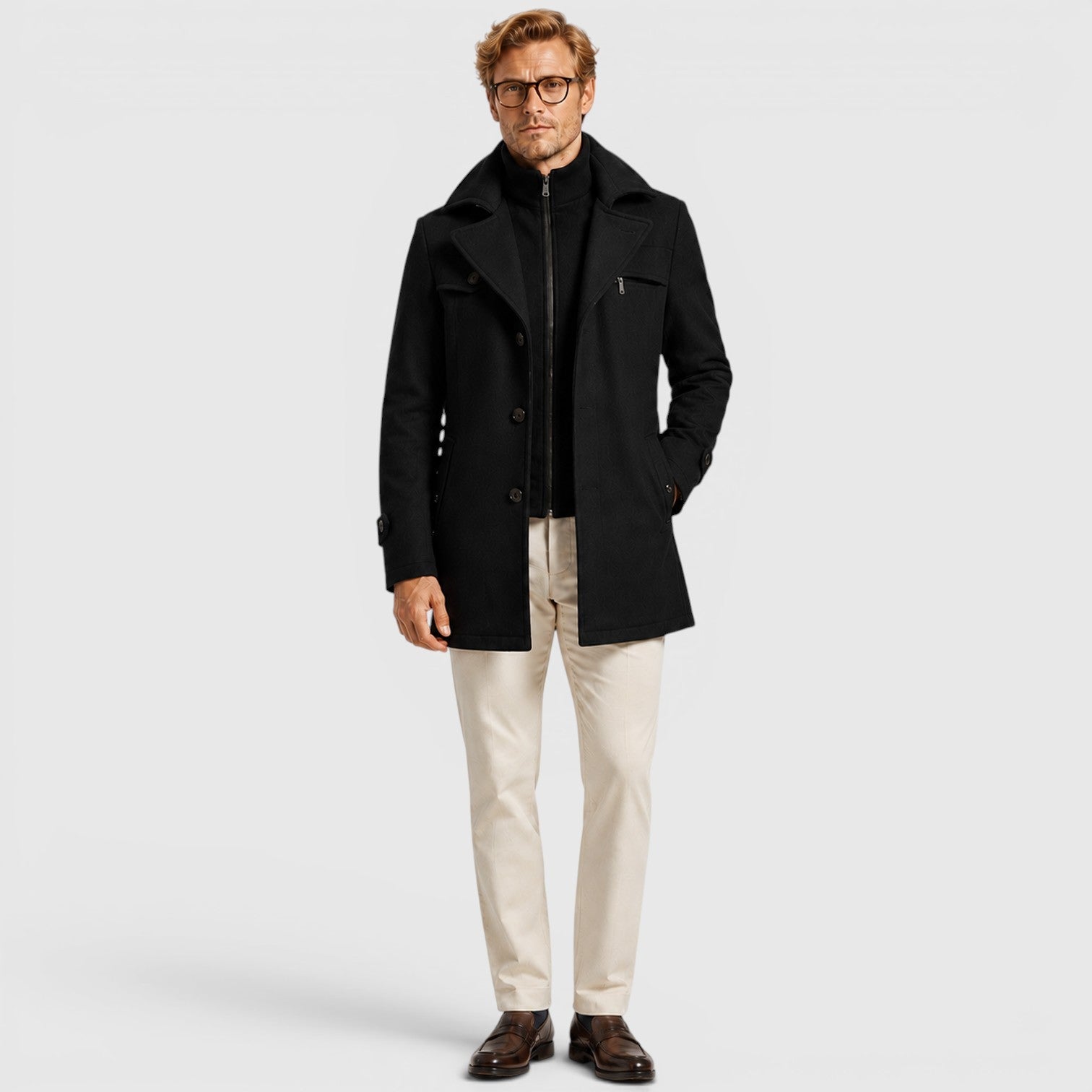 Alternate product view 9 of men's Wool Coat with stand collar button front.