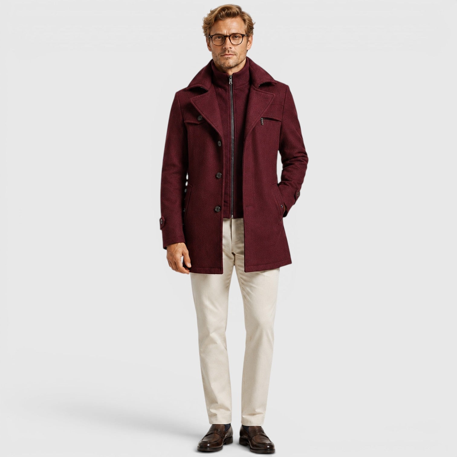Alternate product view 11 of men's Wool Coat with stand collar button front.