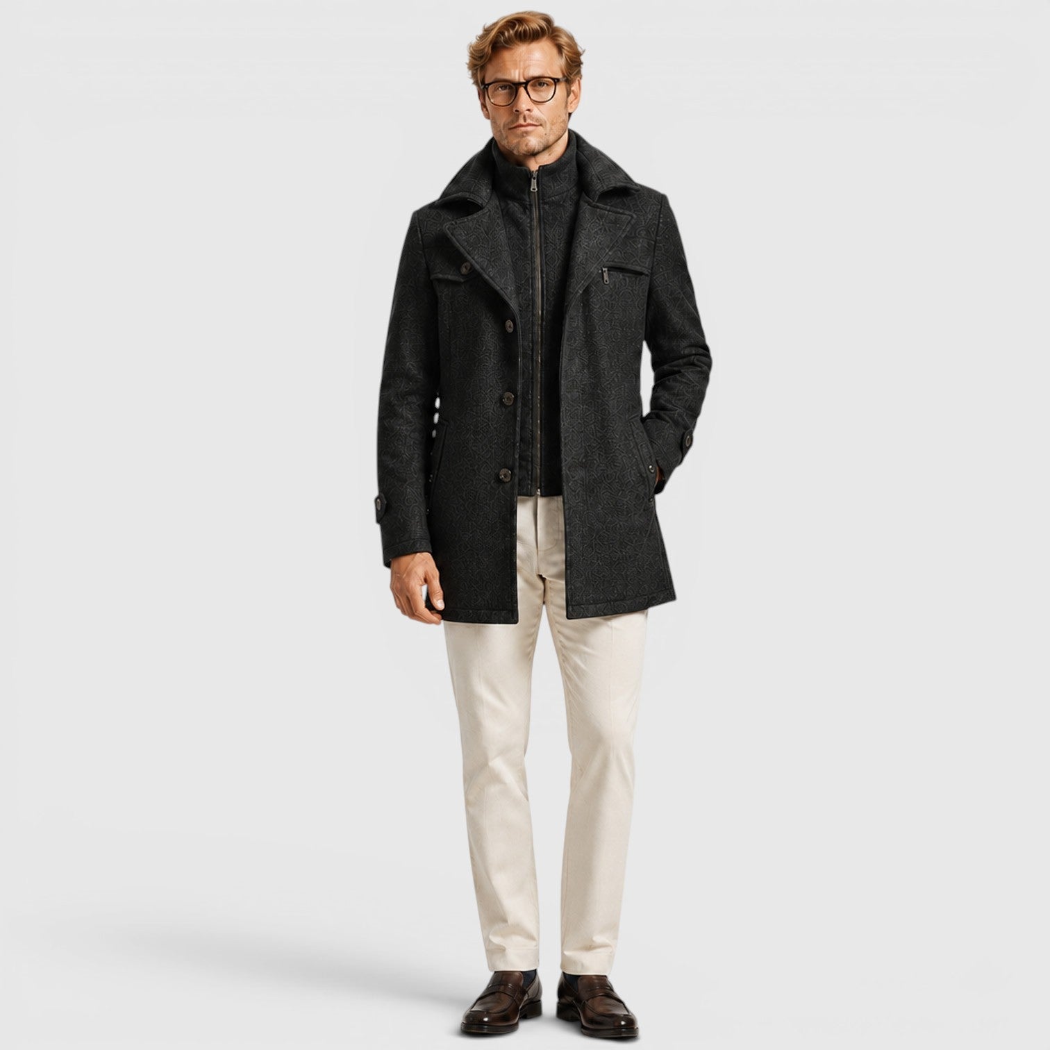 Alternate product view 14 of men's Wool Coat with stand collar button front.