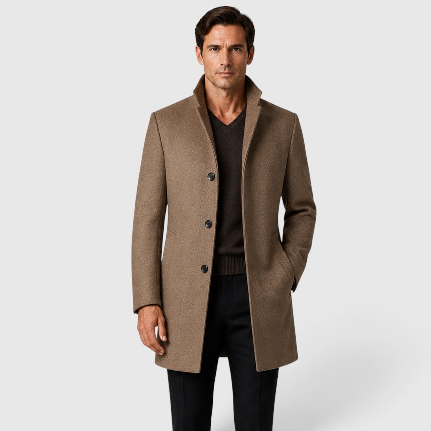 Men's Wool Coat with stand collar warm classic fit.