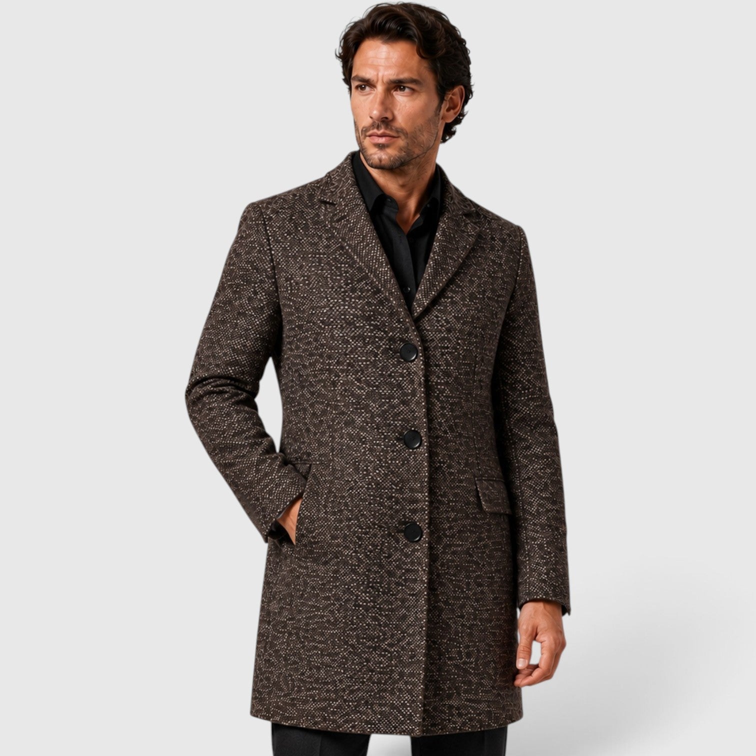 Men's Wool Long Coat with single-breasted tailored fit.