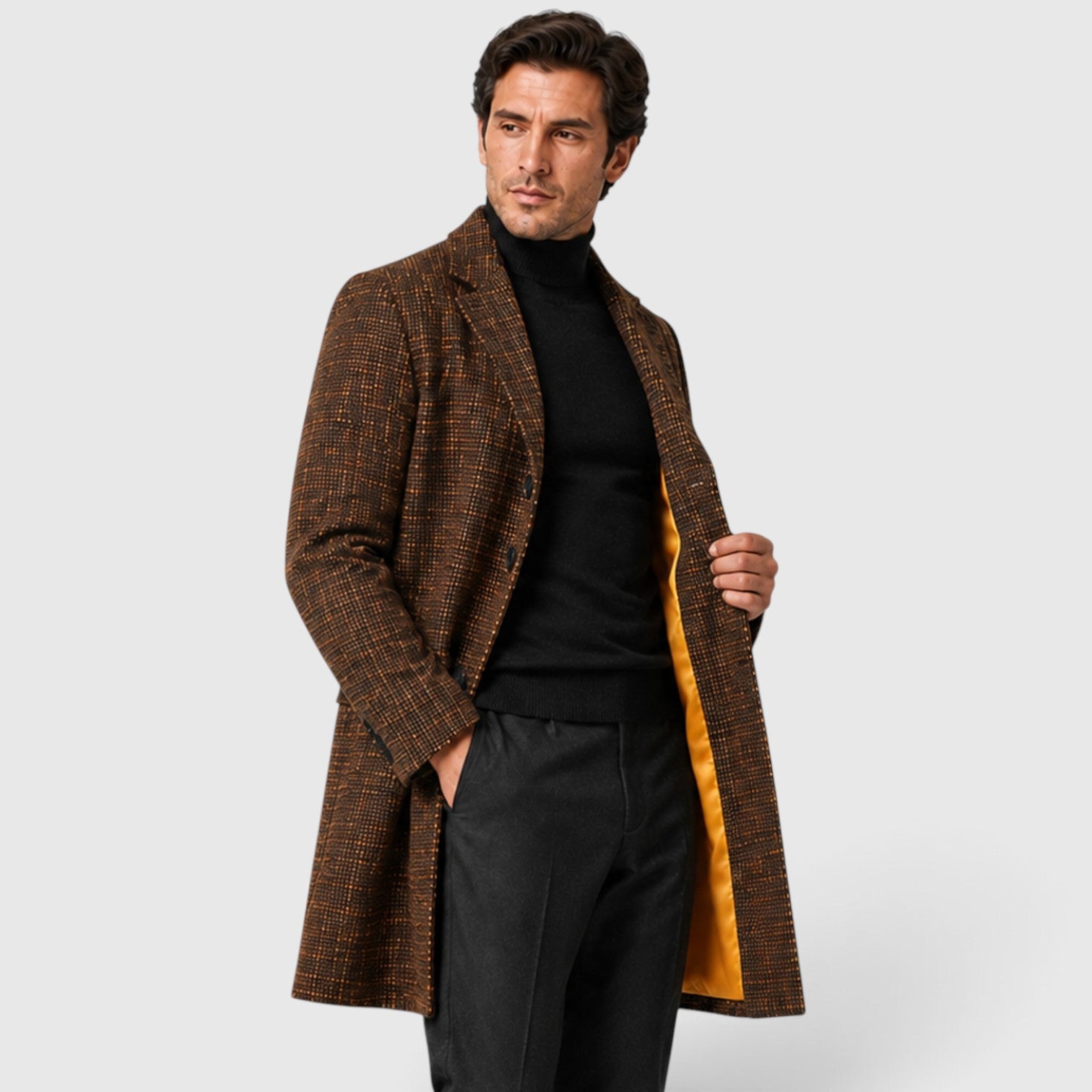 Men's Wool Long Coat with single-breasted textured finish.