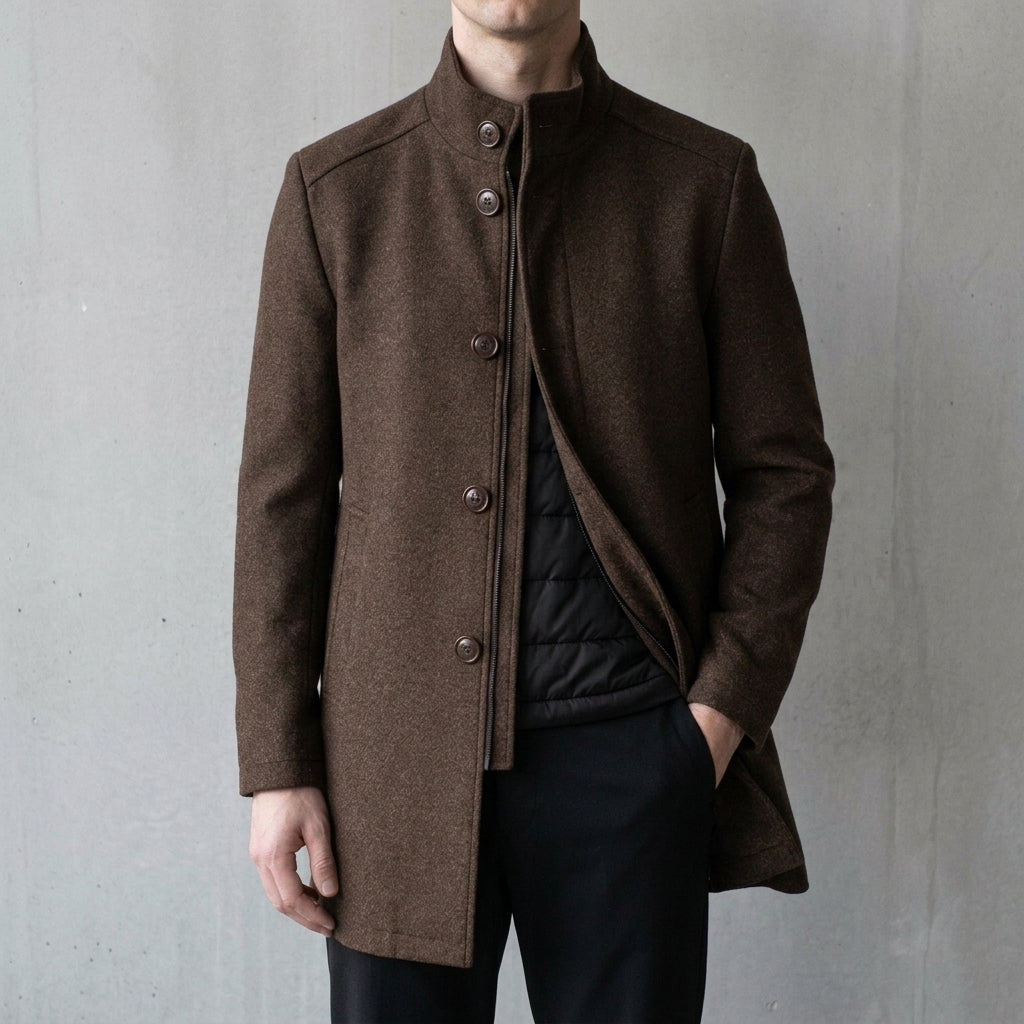 Men's Wool Overcoat with Stand Collar Button Front, view 1 of 2