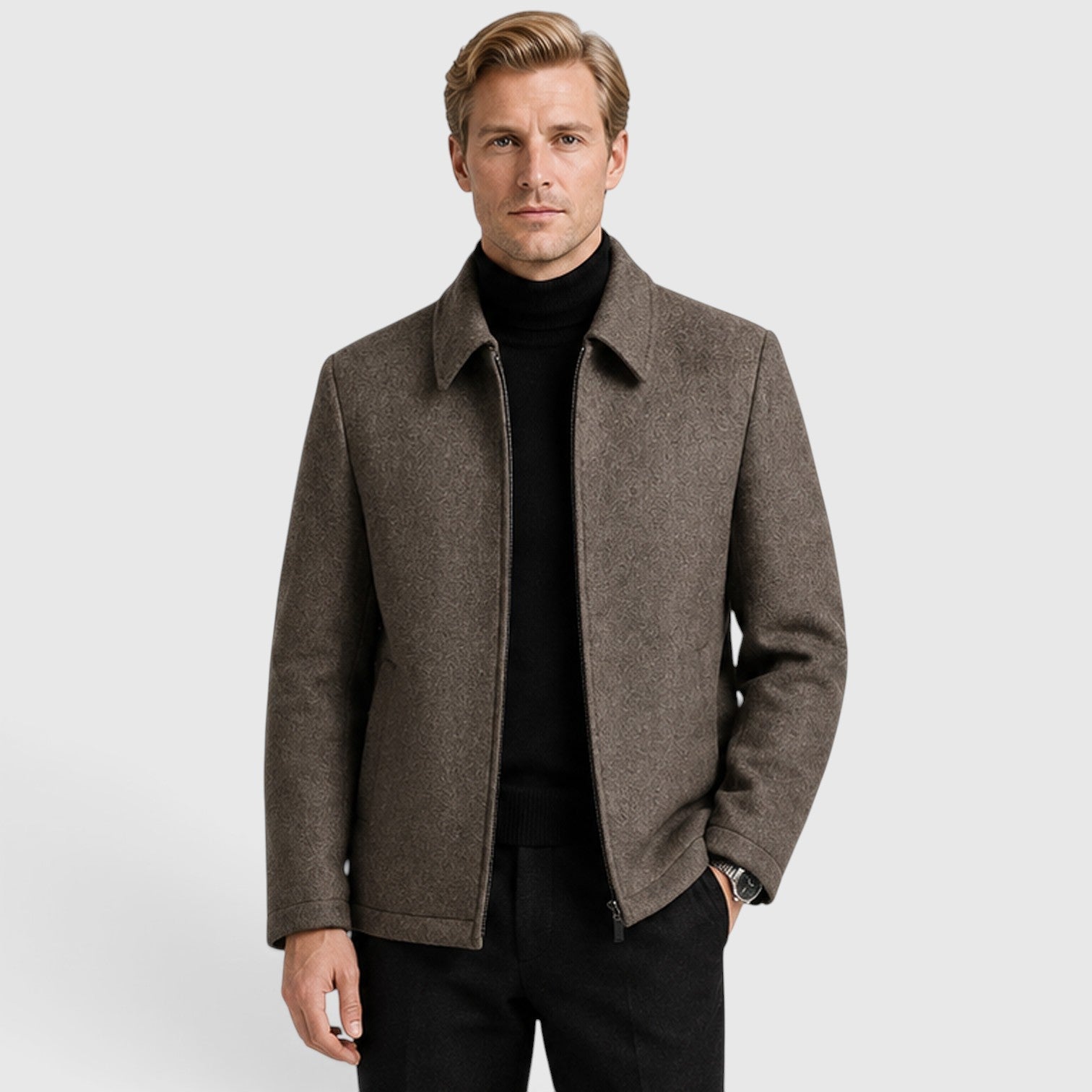 Men's Wool Zip Up Jacket with shirt collar textured design.