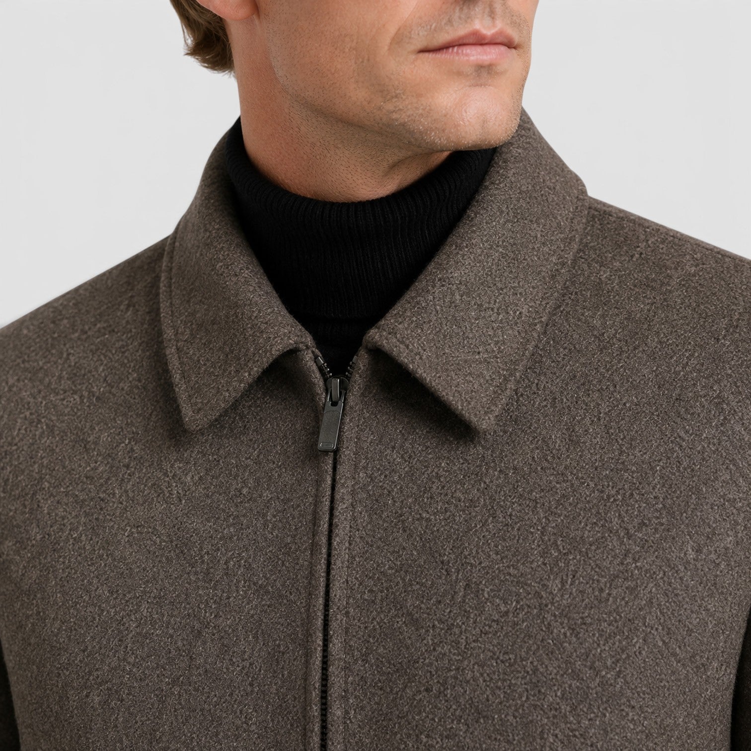 Alternate product view 2 of men's Wool Zip Up Jacket with shirt collar textured design.