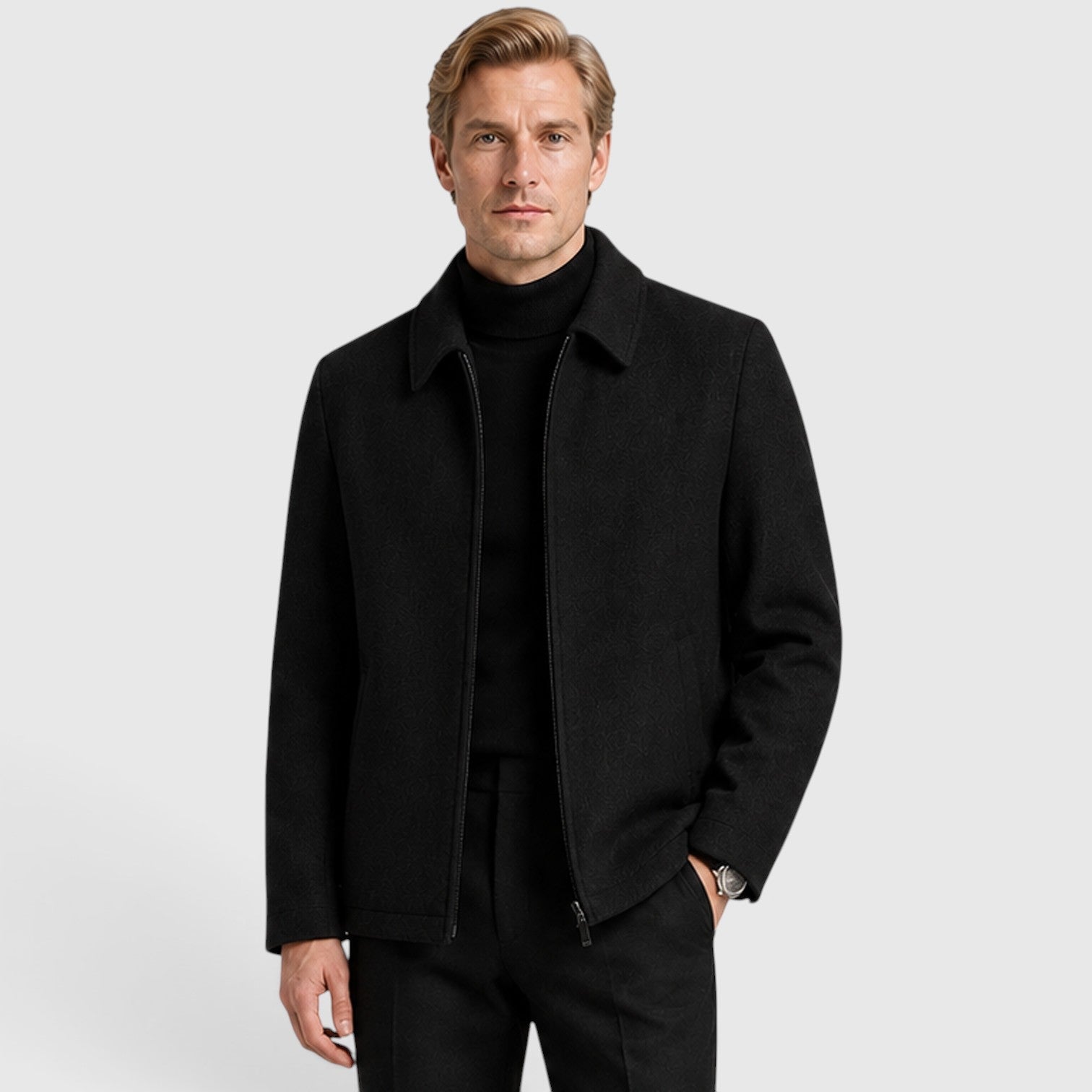 Alternate product view 4 of men's Wool Zip Up Jacket with shirt collar textured design.