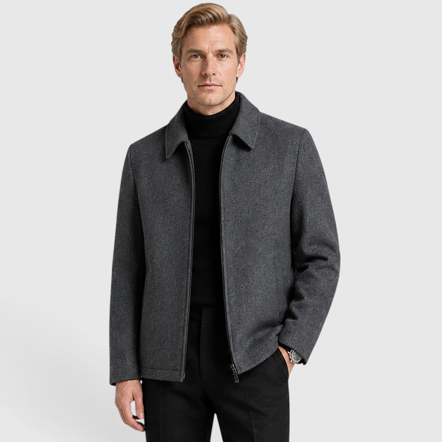 Alternate product view 7 of men's Wool Zip Up Jacket with shirt collar textured design.