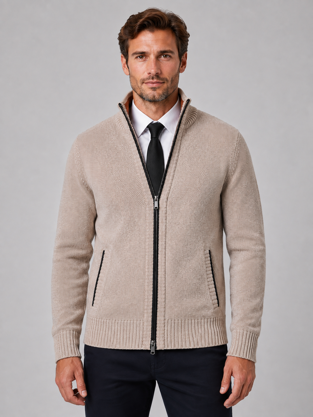 Men's Zip Cardigan with funnel neck textured knit.
