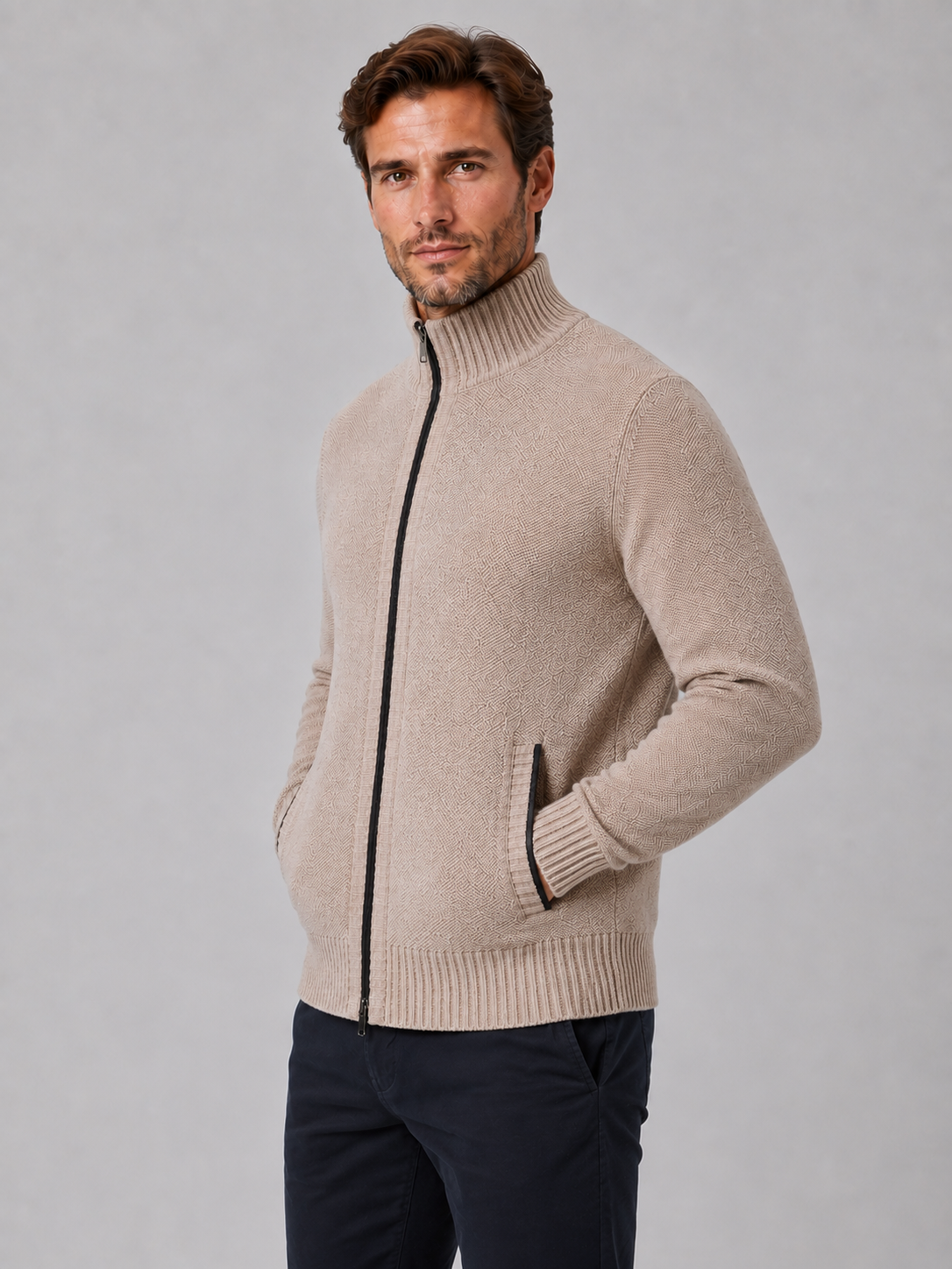 Alternate product view 3 of men's Zip Cardigan with funnel neck textured knit.