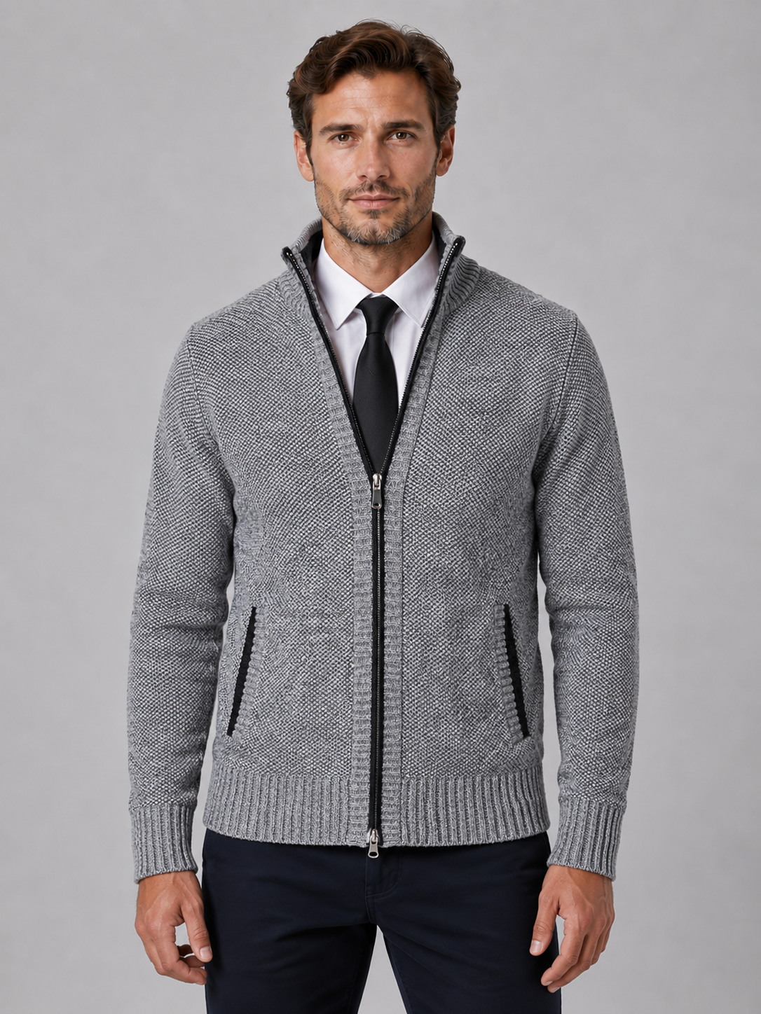Alternate product view 4 of men's Zip Cardigan with funnel neck textured knit.