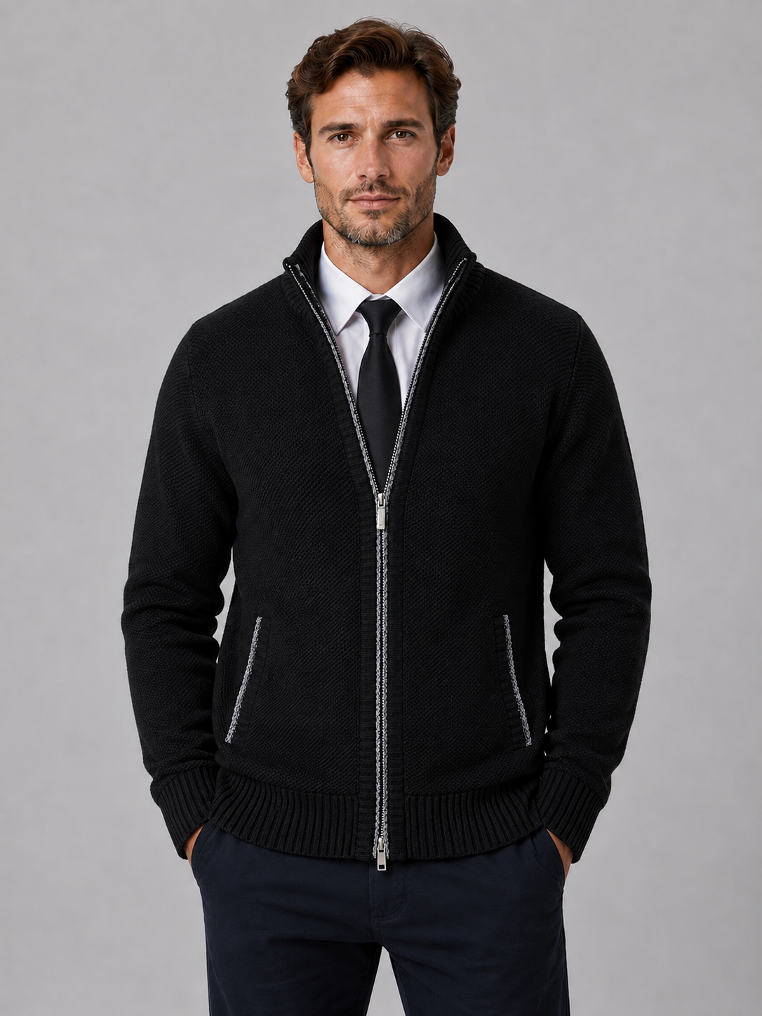 Alternate product view 5 of men's Zip Cardigan with funnel neck textured knit.