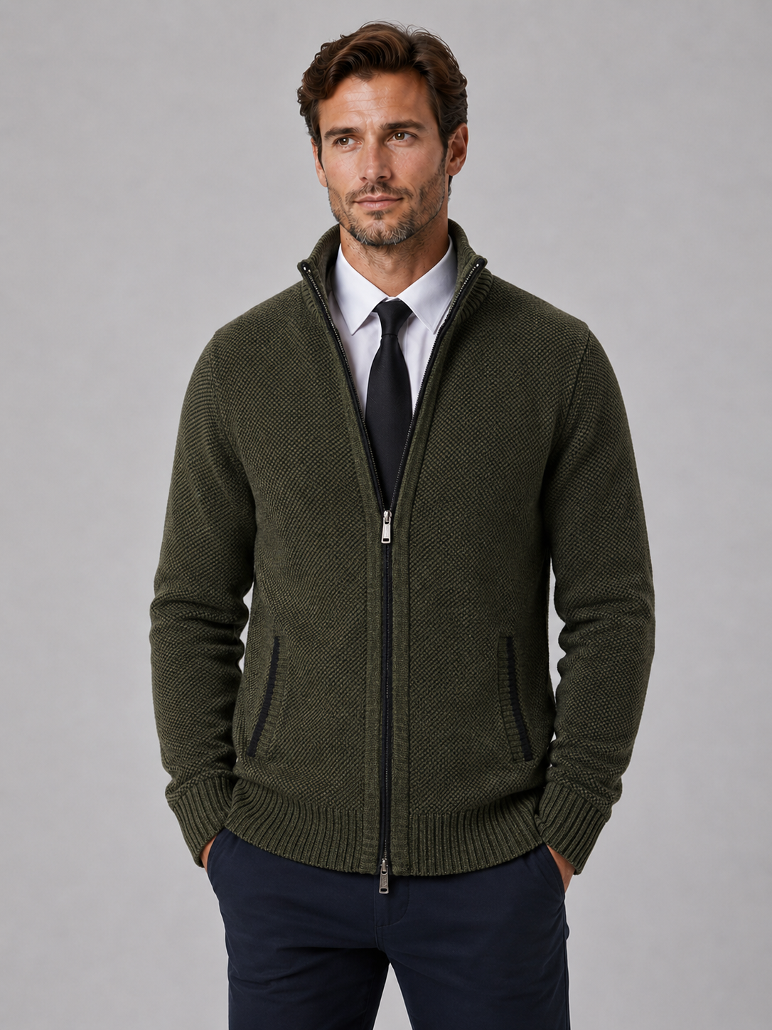 Alternate product view 6 of men's Zip Cardigan with funnel neck textured knit.