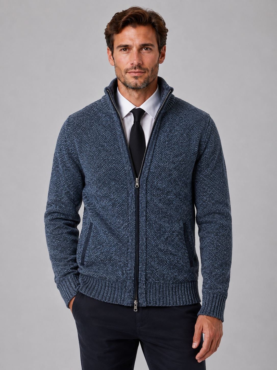 Alternate product view 7 of men's Zip Cardigan with funnel neck textured knit.