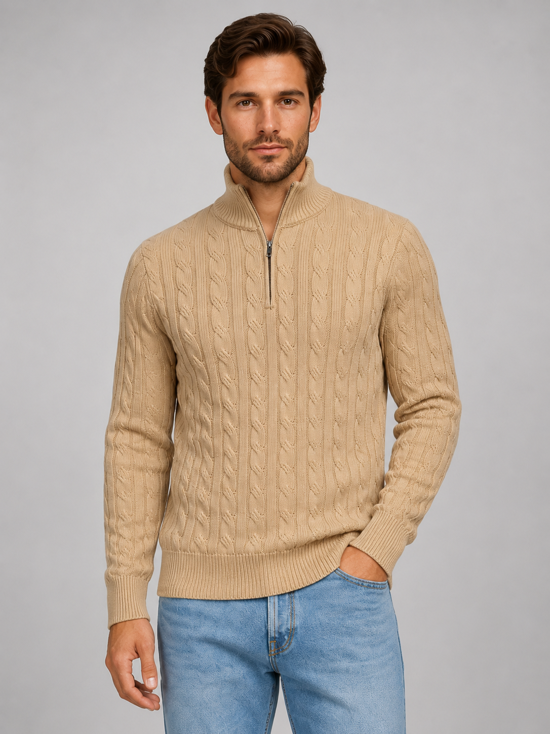 Men's Zip Jumper with cable knit funnel neck.