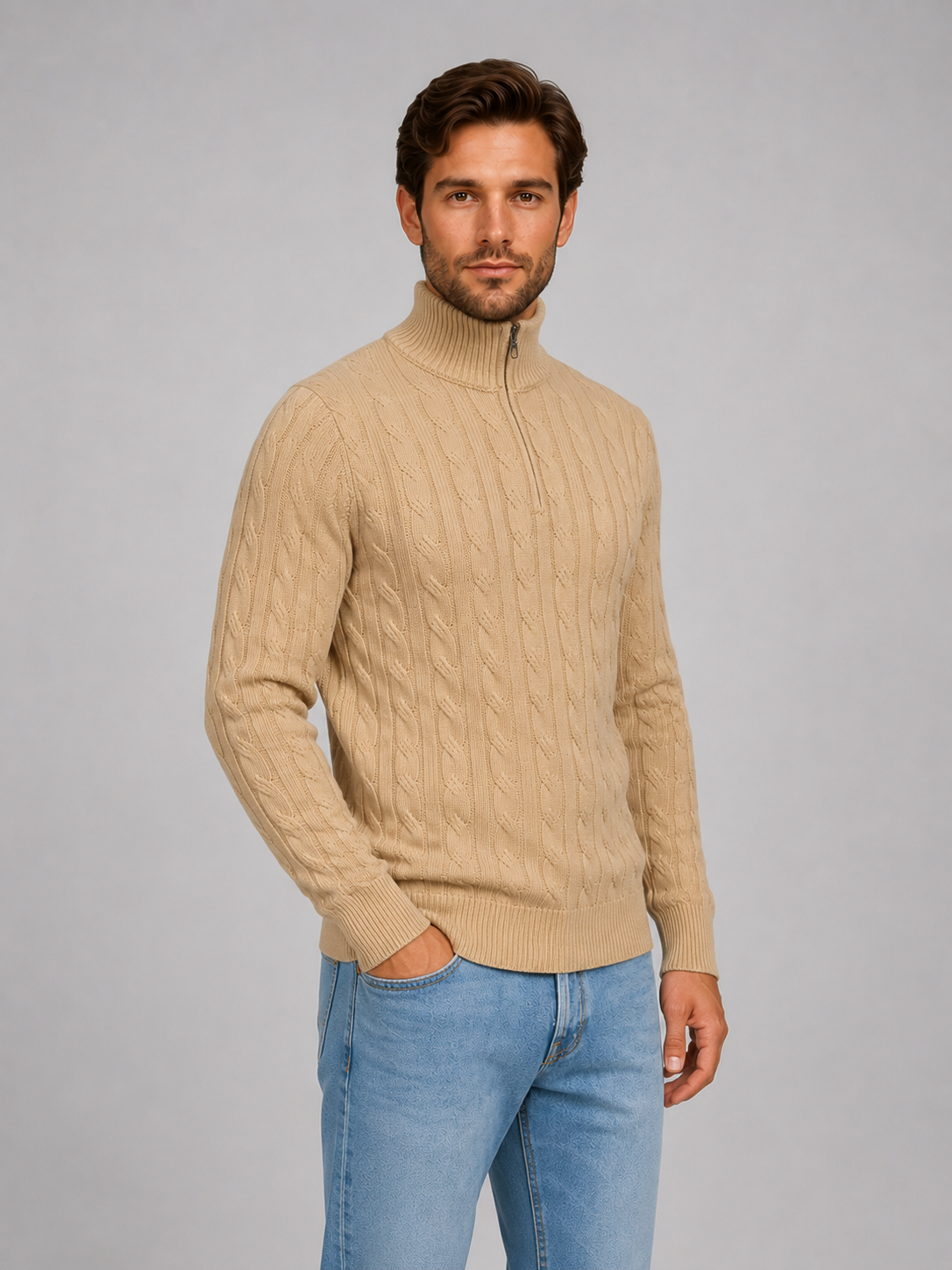 Alternate product view 3 of men's Zip Jumper with cable knit funnel neck.