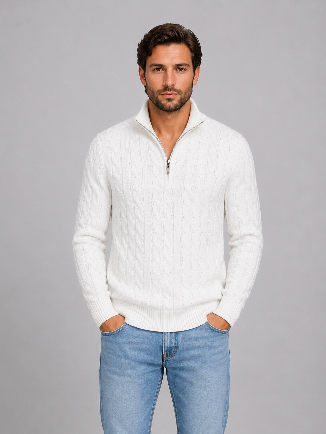 Alternate product view 6 of men's Zip Jumper with cable knit funnel neck.