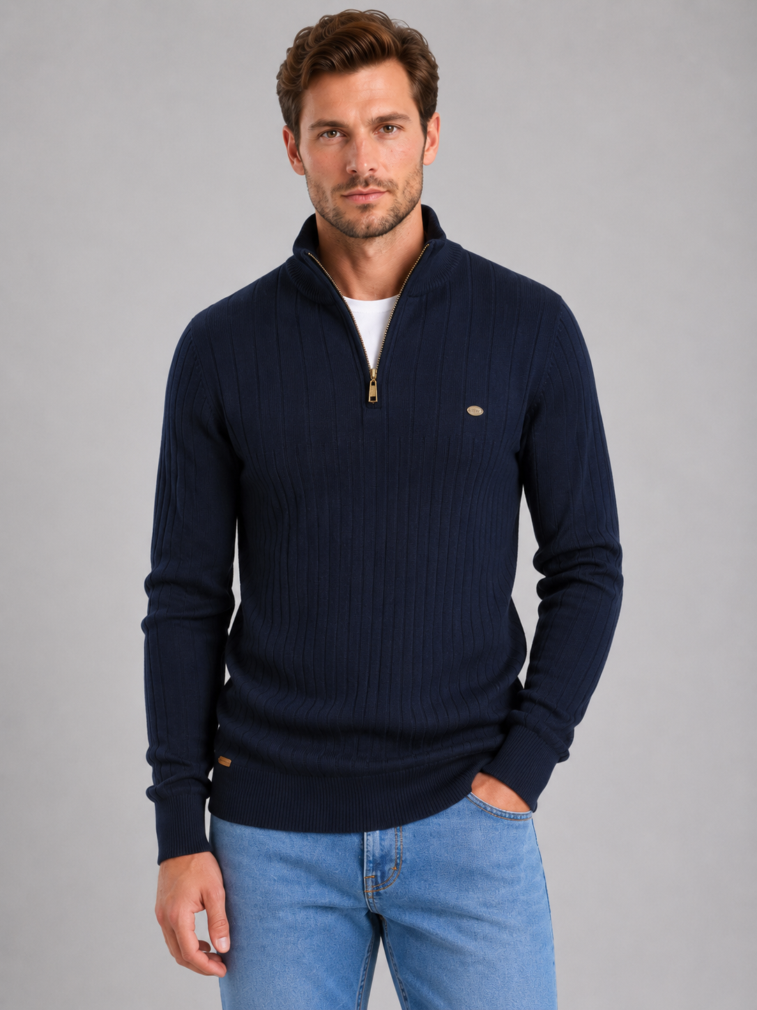 Men's Zip Jumper with ribbed funnel neck design.