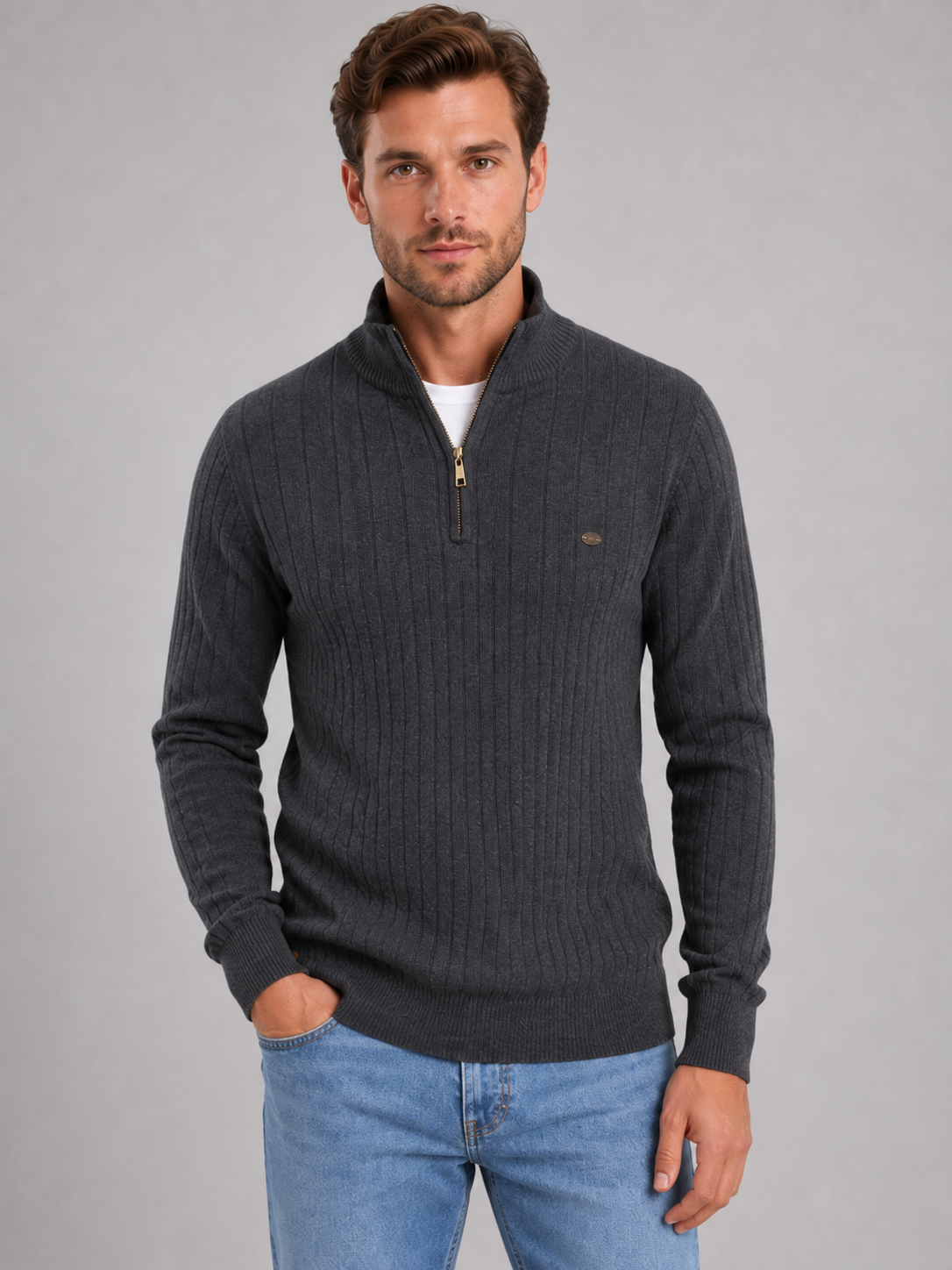 Alternate product view 6 of men's Zip Jumper with ribbed funnel neck design.