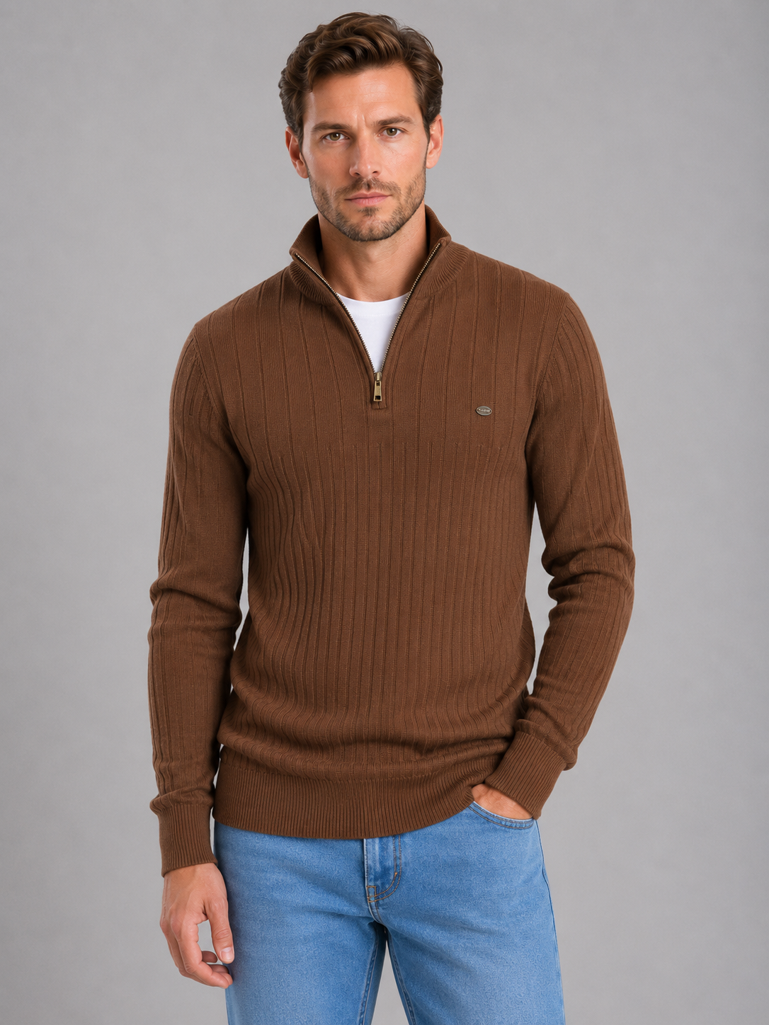 Alternate product view 8 of men's Zip Jumper with ribbed funnel neck design.