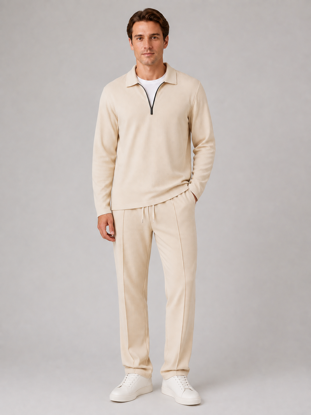 Men's Zip Polo Trouser Set with textured two-piece co-ord.