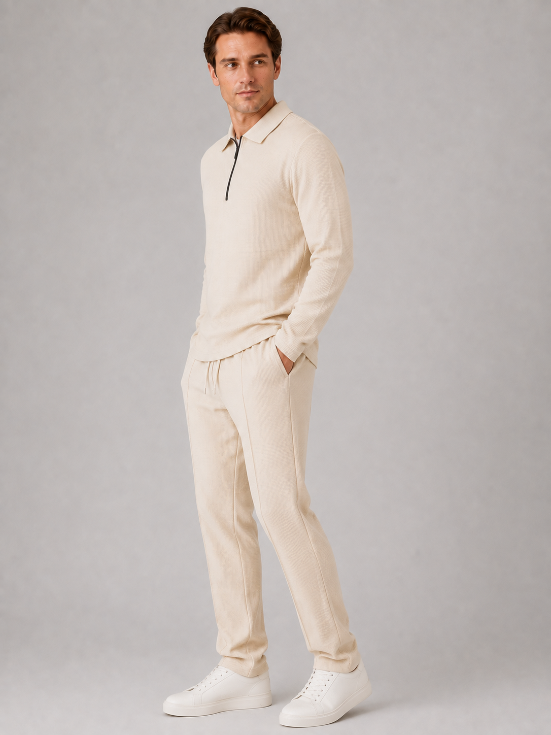 Alternate product view 4 of men's Zip Polo Trouser Set with textured two-piece co-ord.