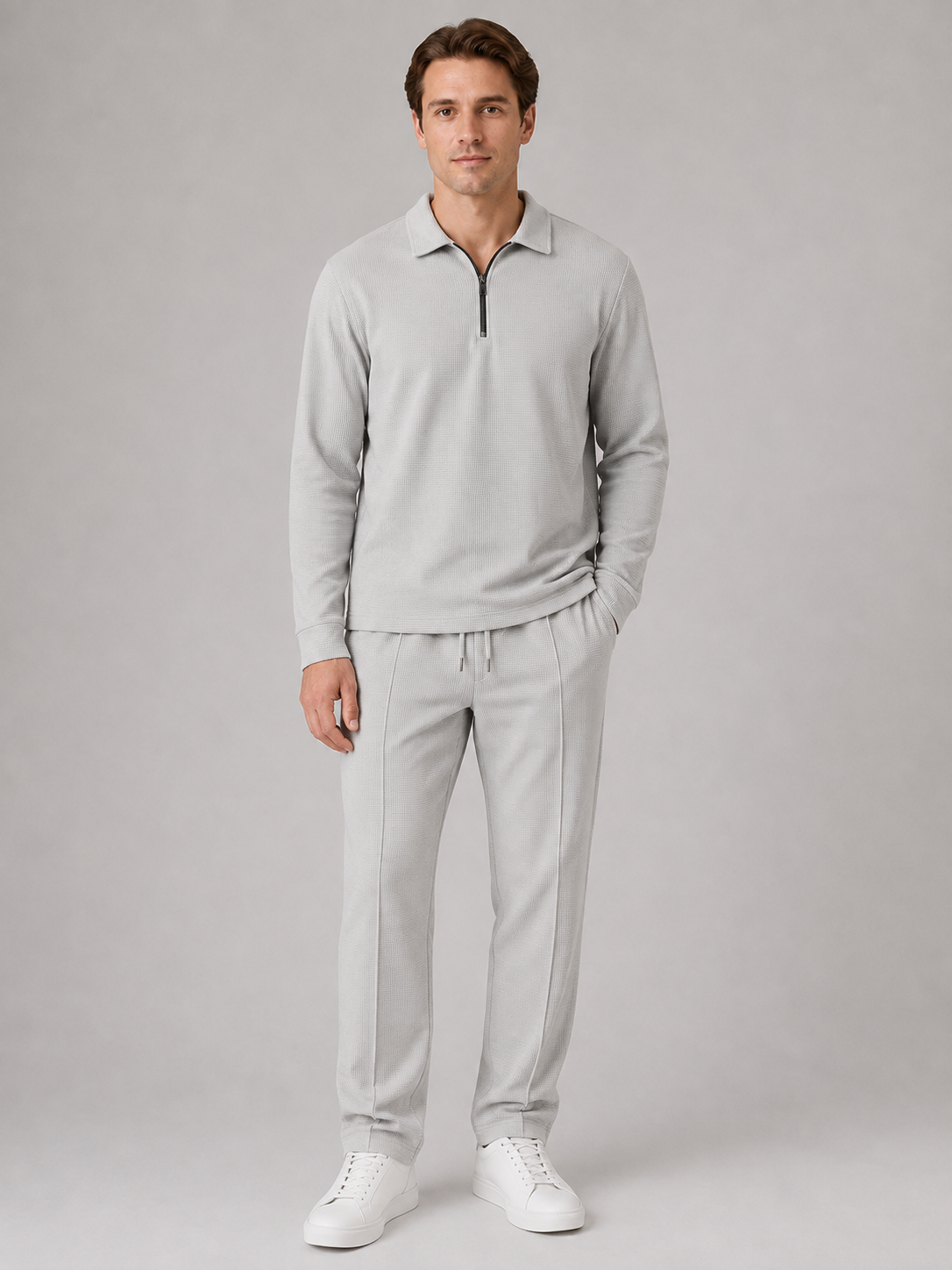Alternate product view 5 of men's Zip Polo Trouser Set with textured two-piece co-ord.