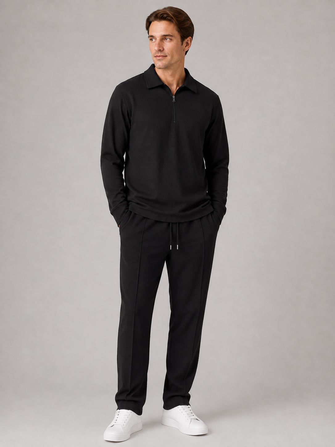 Alternate product view 7 of men's Zip Polo Trouser Set with textured two-piece co-ord.