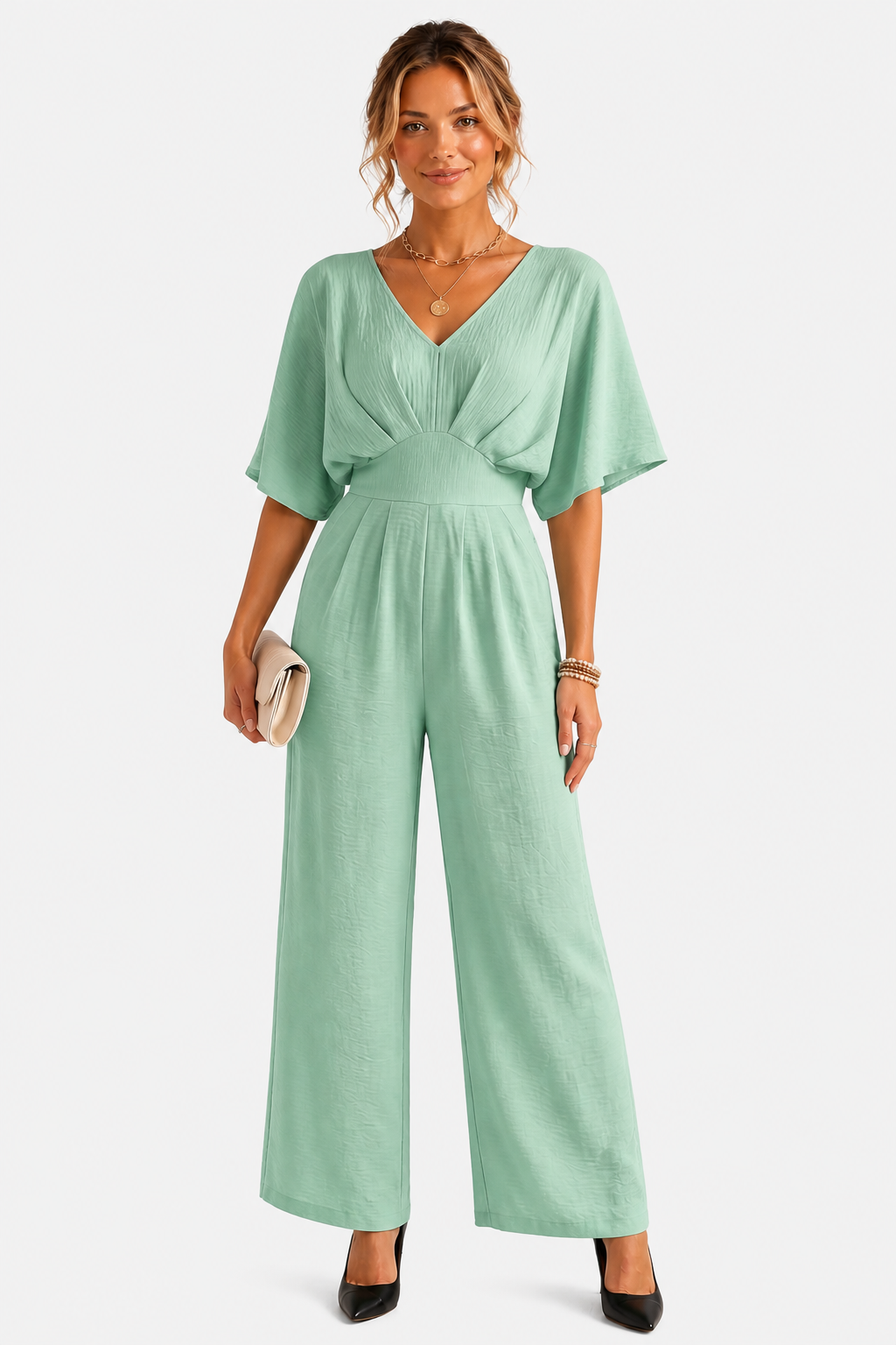 Lunévia – Elegant batwing silhouette – Jumpsuit - Mint green - front