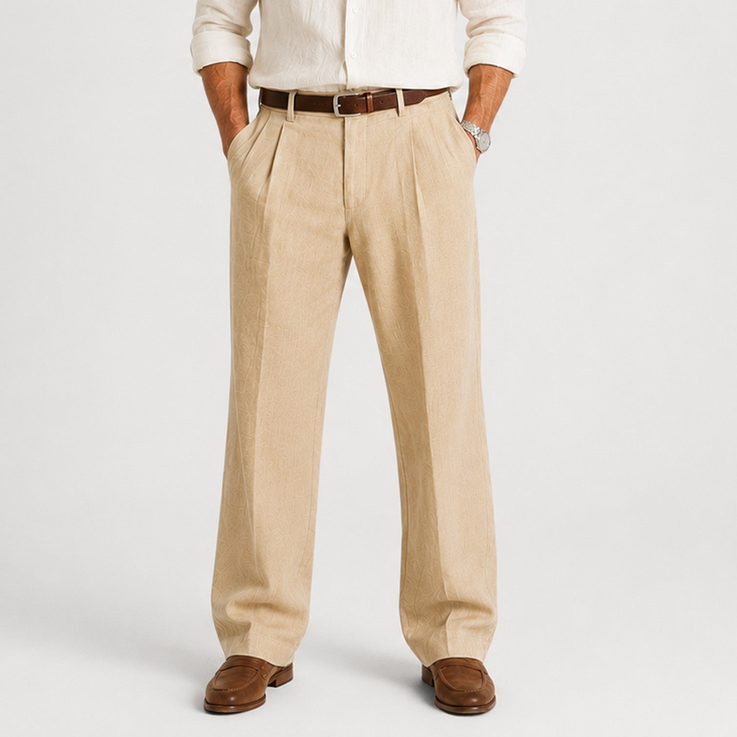 Linen Double Pleat Wide-Leg Trousers - Relaxed Fit
