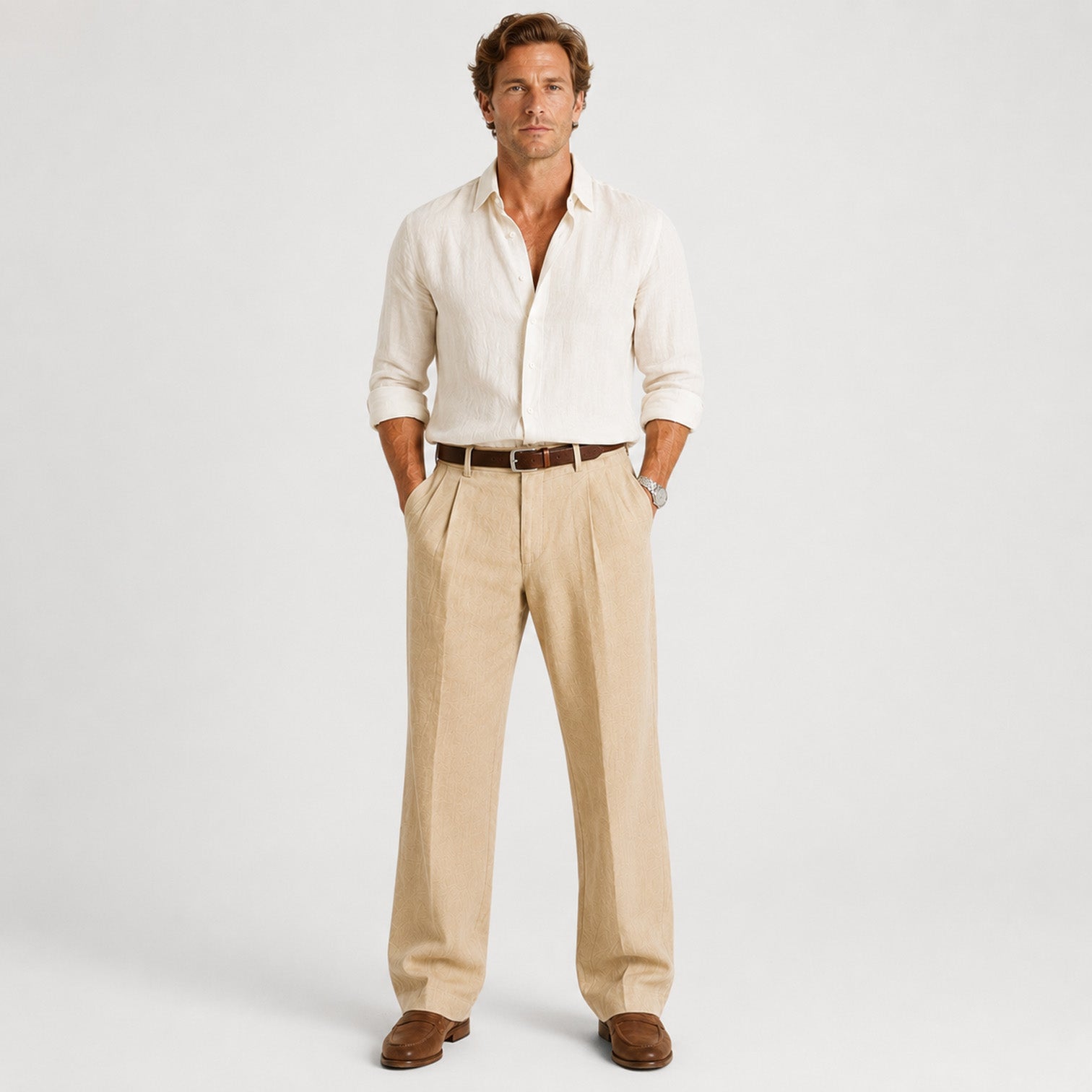 Linen Double Pleat Wide-Leg Trousers - Relaxed Fit