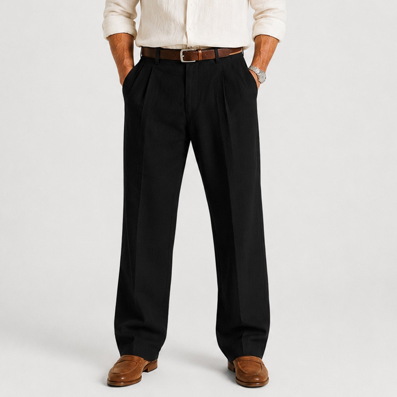 Linen Double Pleat Wide-Leg Trousers - Relaxed Fit